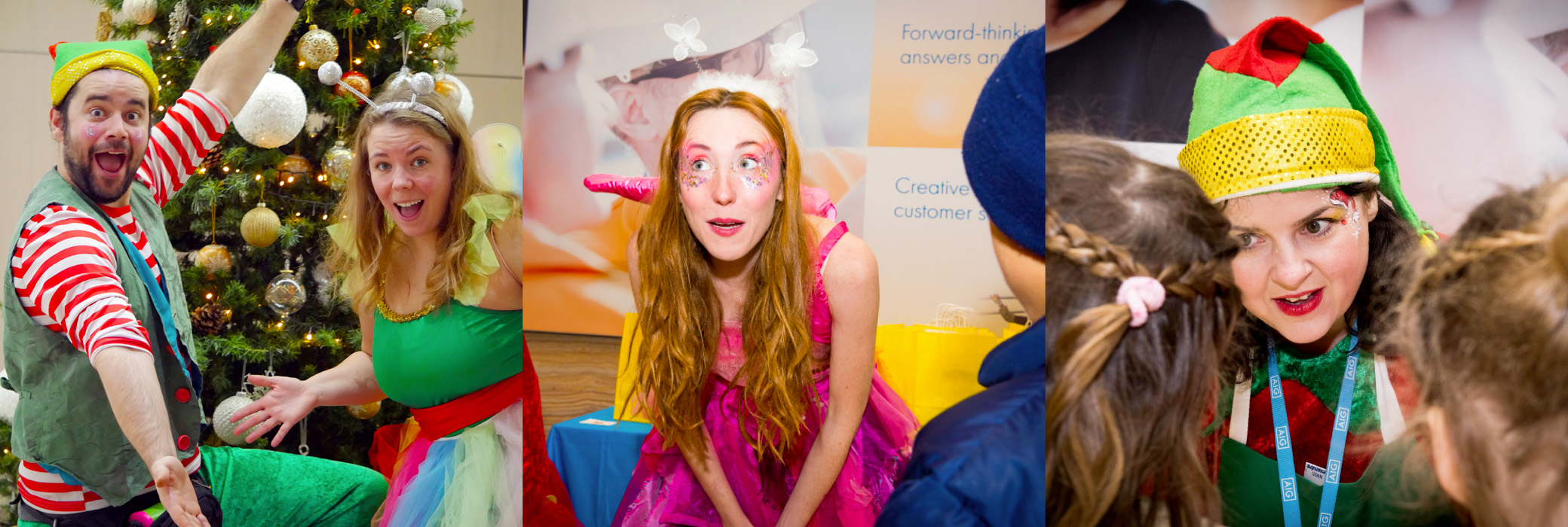 Childrens entertainers welcoming families to a corporate christmas party